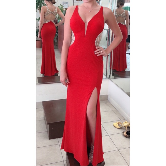 Red Jeweled Open Legged Long Prom Dress - Picture 2 of 8